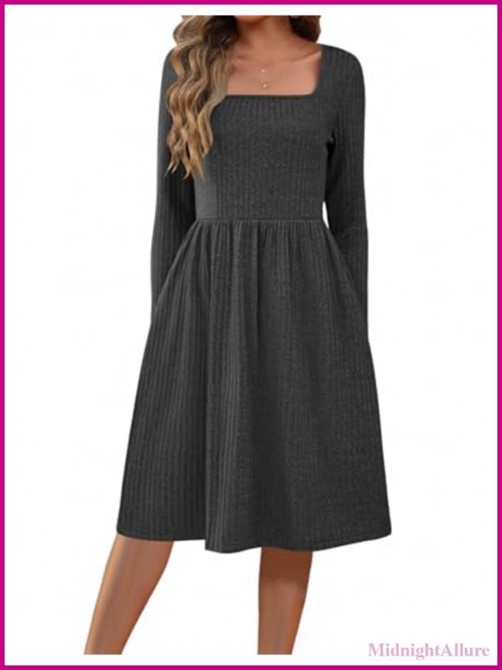 Sweater Dress Long Sleeve Casual Knit Dress with Pockets A-Line Square Neck
